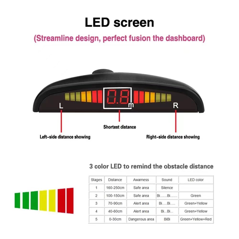 Car Parking Sensor, Rear Reversing Radar System with 4 Sensors, Wireless Reverse Backup LED Alarm Buzzer Reminder