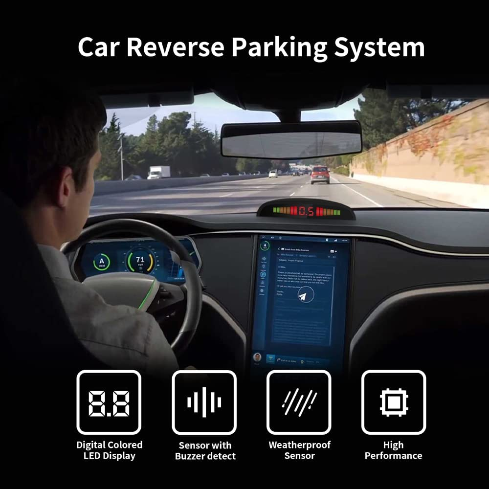 Car Parking Sensor, Rear Reversing Radar System with 4 Sensors, Wireless Reverse Backup LED Alarm Buzzer Reminder