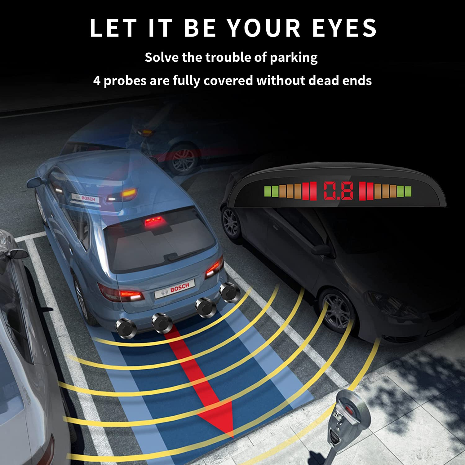 Car Parking Sensor, Rear Reversing Radar System with 4 Sensors, Wireless Reverse Backup LED Alarm Buzzer Reminder