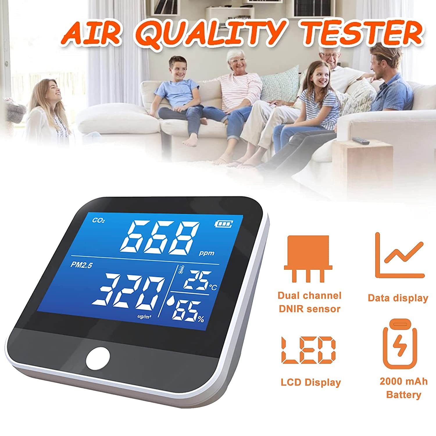 Air Quality Monitor Indoor CO2 Detector, Carbon Dioxide Monitor With Alarm Function, Pm1.0/2.5/10 Micron Particulate Matter Dust