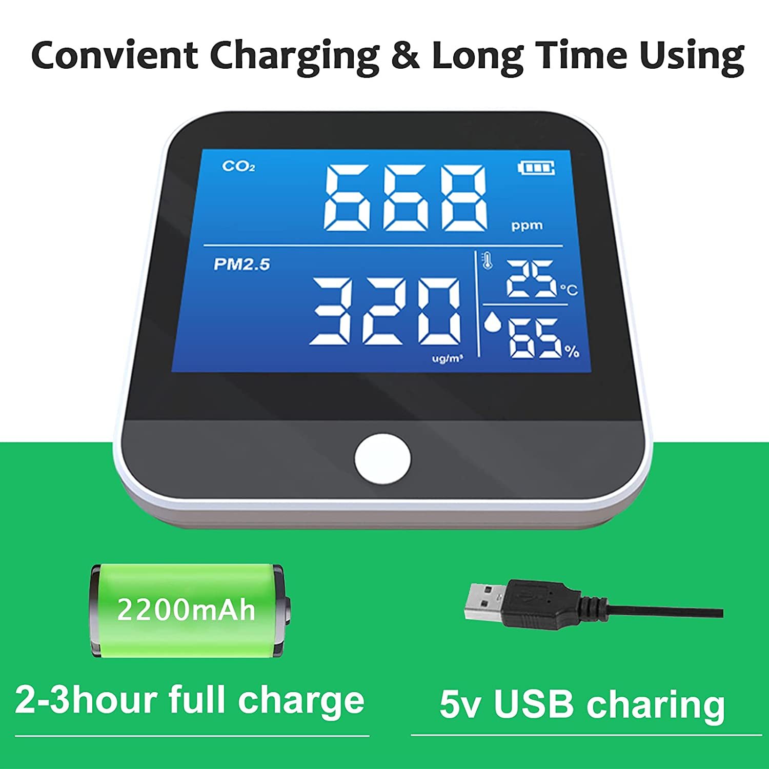Air Quality Monitor Indoor CO2 Detector, Carbon Dioxide Monitor With Alarm Function, Pm1.0/2.5/10 Micron Particulate Matter Dust