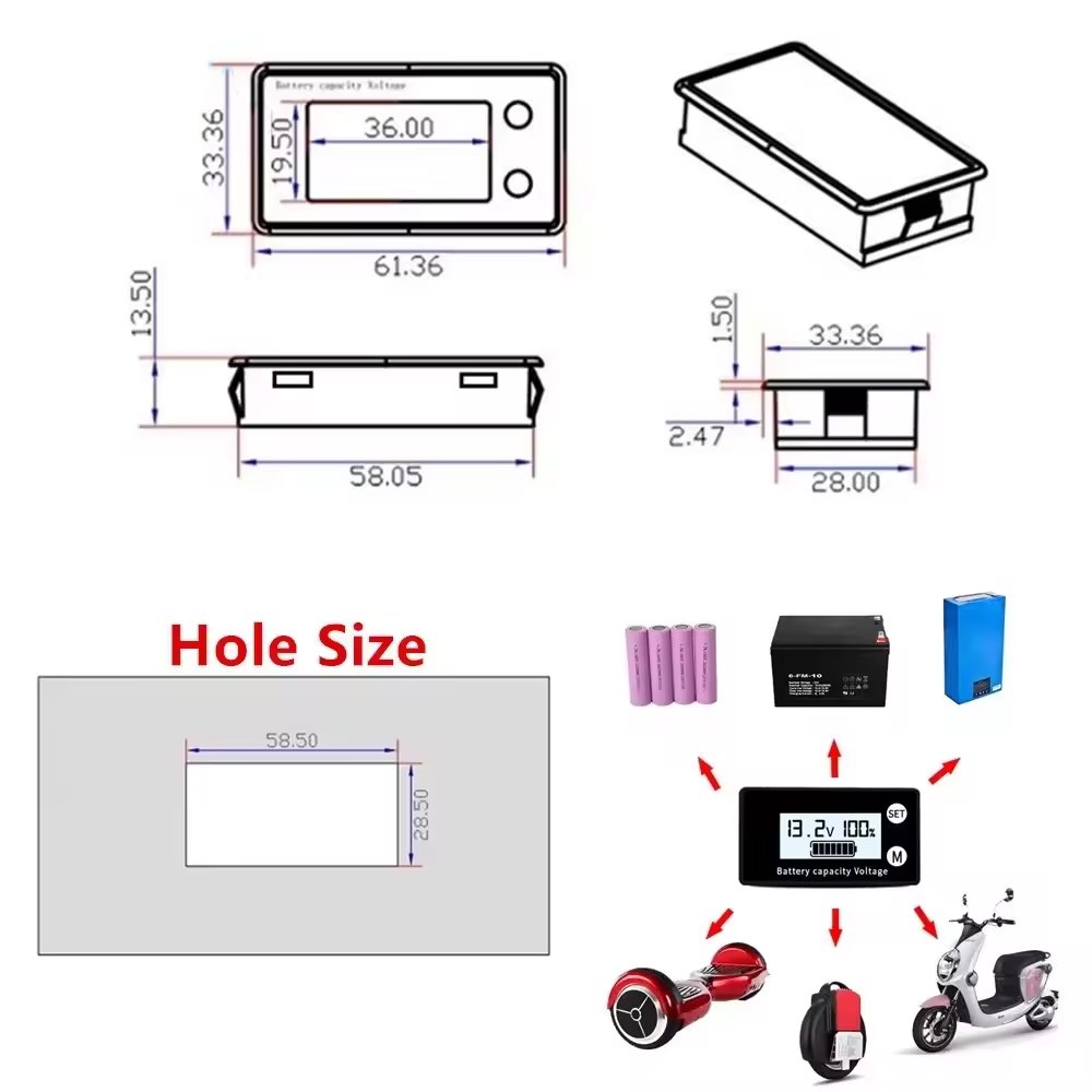 DC 8V-100V Battery Capacity Indicator Lead Acid Lithium LiFePO4 Voltmeter Car Motorcycle 12V 24V 48V 72V 84V temperature+alarm
