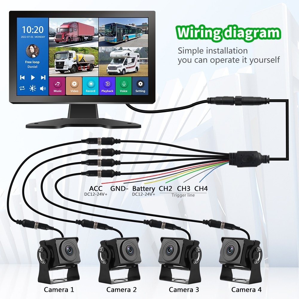 4ch Vehicle Monitor System 1080p Ahd Camera 10.36 Inch Touch Screen Mp5 Fm Dvr for Car/truck/bus Surveillance Parking Recorder