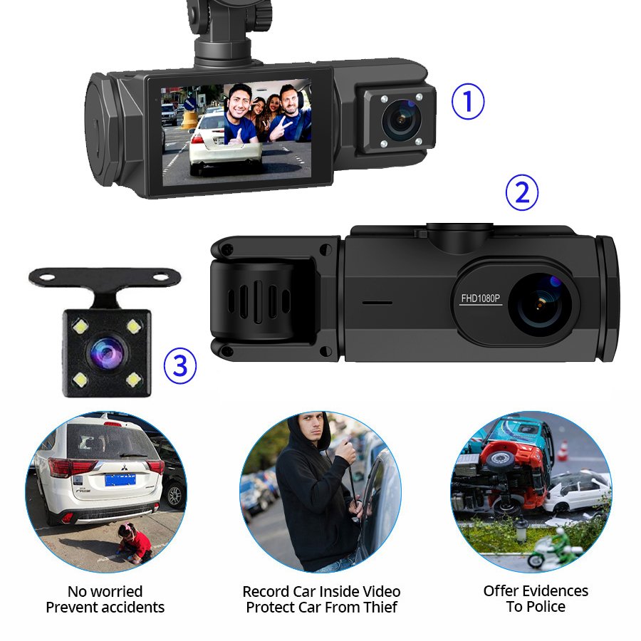 High Quality Full Hd 1080P 3 lens Camera Dashcam Wifi Car Dvr 3 in 1 Front and Back Dash Cam Cameras for Car G-sensor
