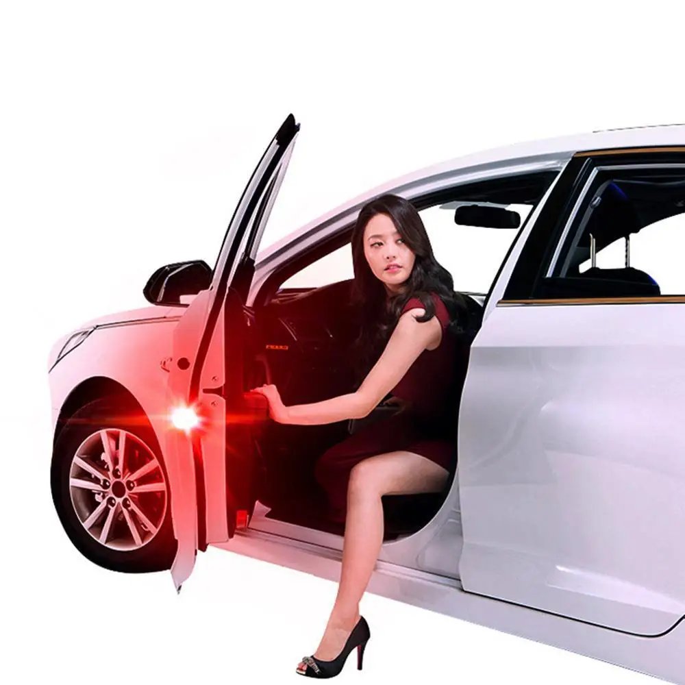2 Pcs LED Lights Car Opening Door Warning Anti-collision Red Bulbs Portable Wireless Alarm Lamp Auto Strobe Parking Light