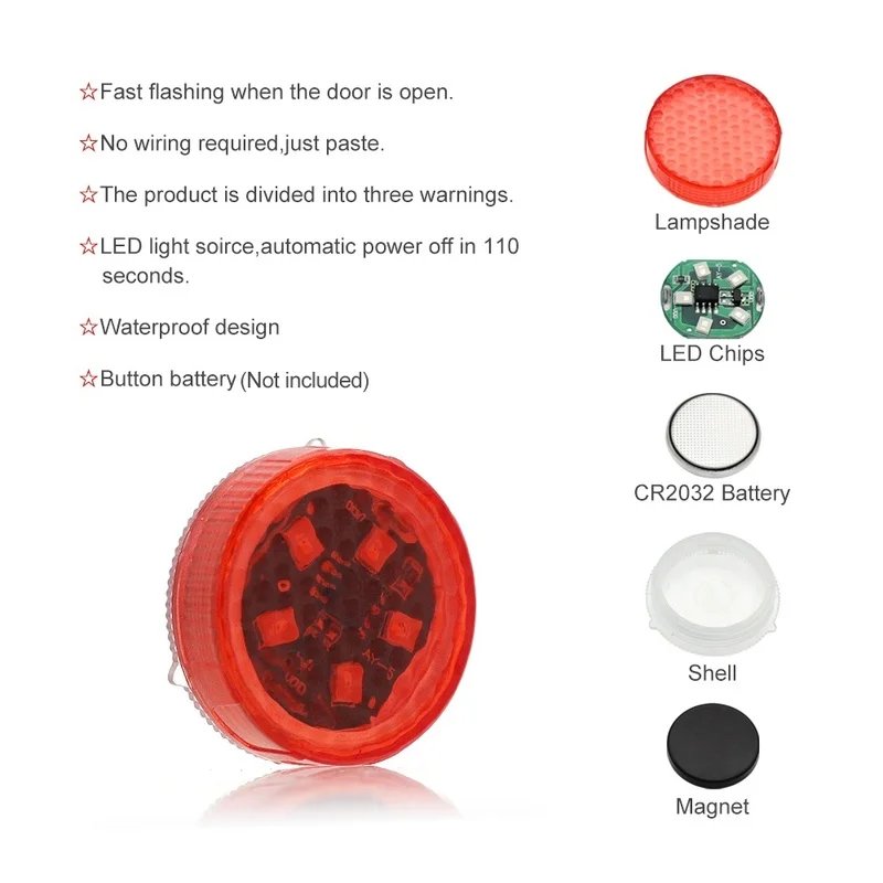 2 Pcs LED Lights Car Opening Door Warning Anti-collision Red Bulbs Portable Wireless Alarm Lamp Auto Strobe Parking Light