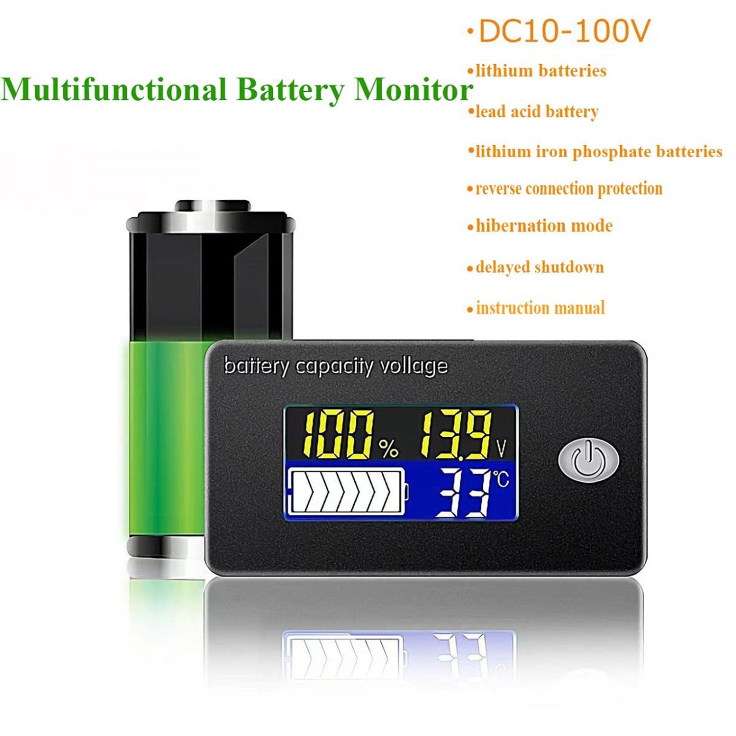 12V 24V 36V 48V 60V 72V Battery Capacity Meter Battery Capacity Voltmeter Thermometer Battery Gauge Display Voltage Monitoring