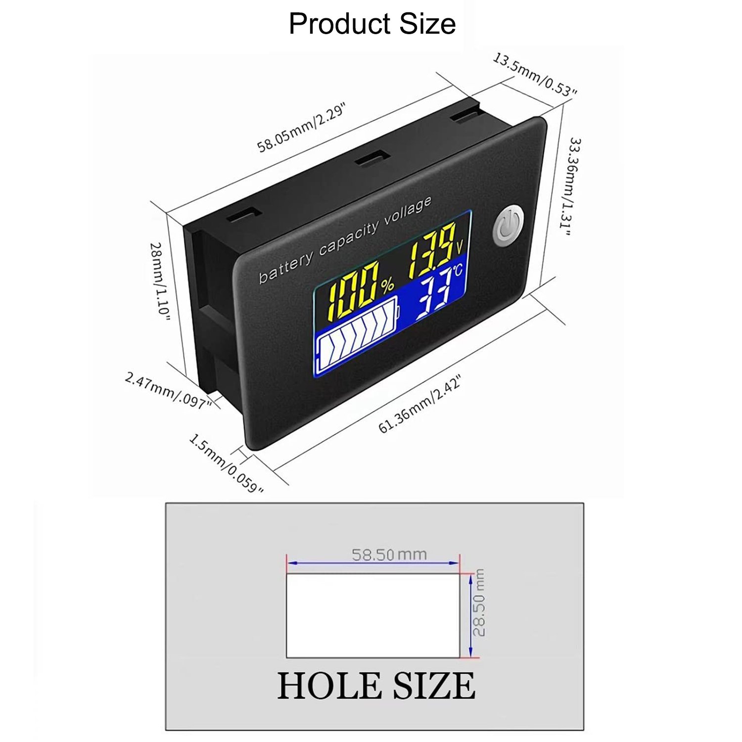 12V 24V 36V 48V 60V 72V Battery Capacity Meter Battery Capacity Voltmeter Thermometer Battery Gauge Display Voltage Monitoring