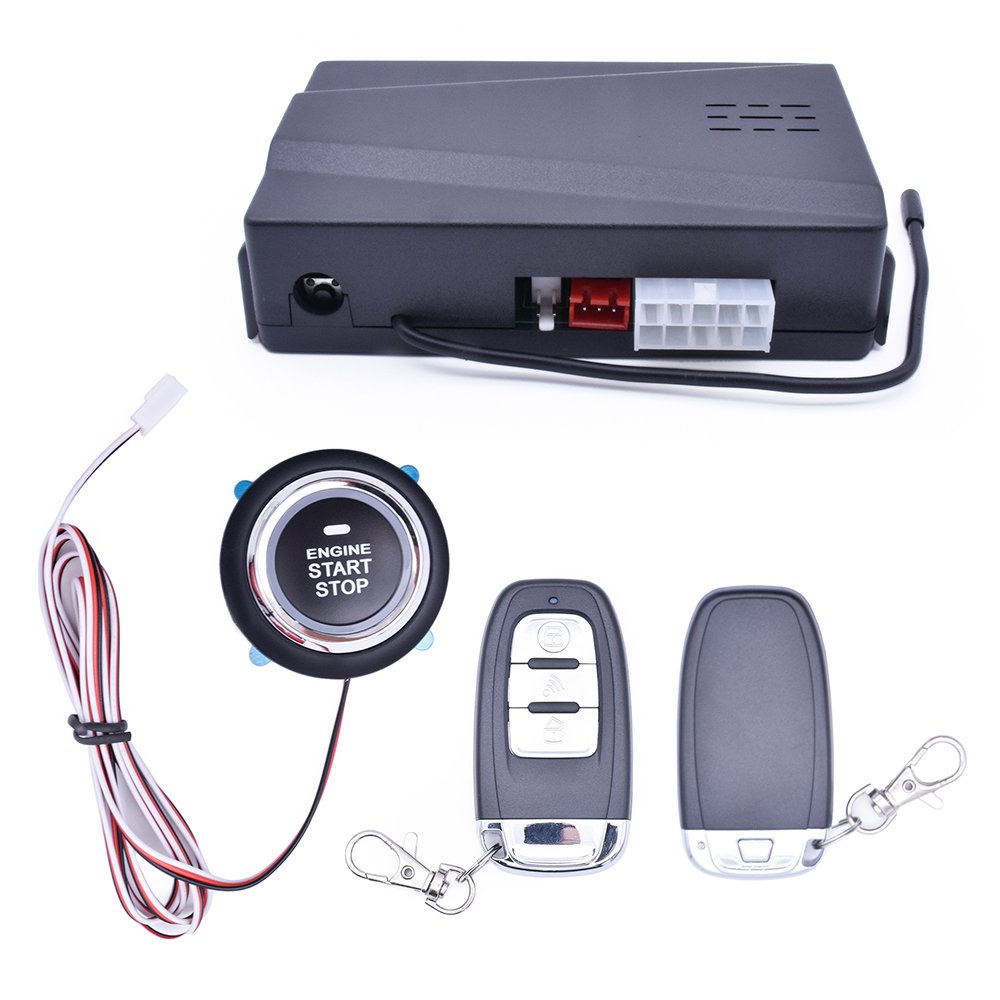 One Way Car Alarm Security System with PKE Push Start Button Remote Engine Start/Stop Function
