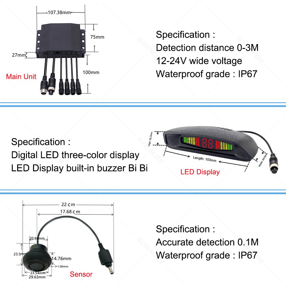Truck Parking Sensor System 4 Pcs Radar Blind Spot Alarm Reversing LED Backlight Display Rear View 24V Parking Sensor for Truck