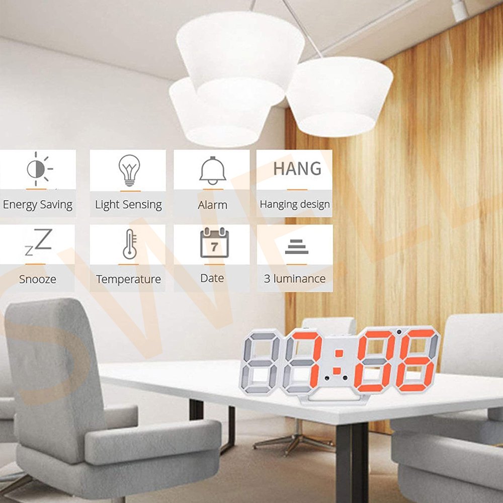 3d Led Table Wall Clock Digital Timer Nightlight Watch Alarm Clock for Warehouse Office Living Room 12/24h Brightness Adjustable