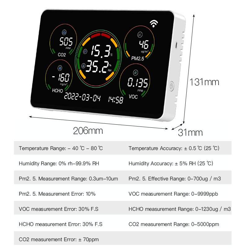 Portable Co2 Monitor Pm2.5 Pm10 Meter Indoor Outdoor Air Pollution Sensor Thermometer Air Quality Monitor Alarm With WIFI
