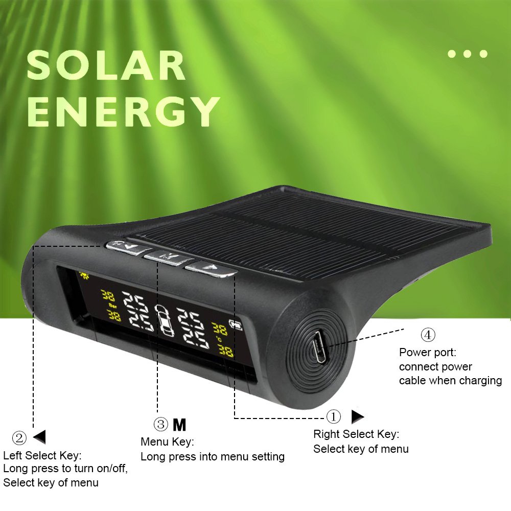 Car TPMS Tyre Pressure Monitoring System Solar Power Digital LCD Display Auto Security Alarm Systems Pressure External Sensor