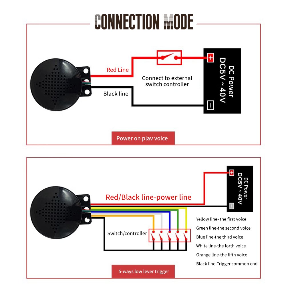 12-24V Car Start Voice Custom 4-channel Trigger Voice Speaker Prompter AC/DC adapter Sound Alarm Reverse Siren Buzzer Alarm Horn