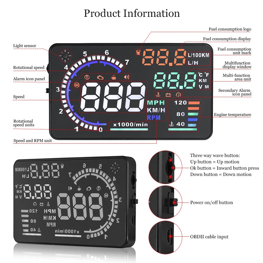 Lancol Car Accessories Obd2 Hud Head up Displays with 5.5 Inch LCD Projection Display
