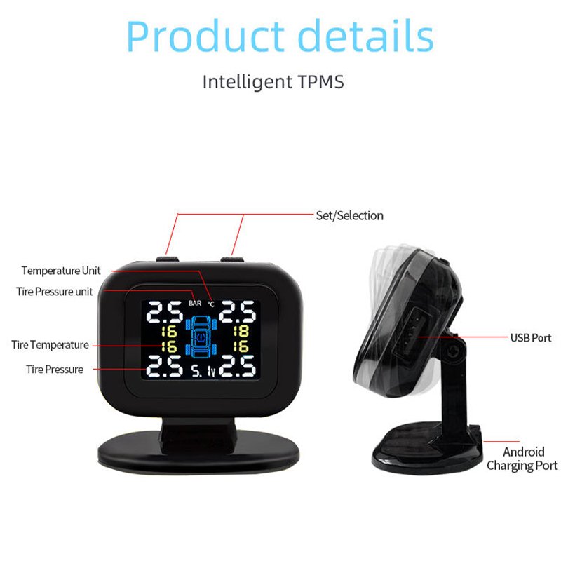 High Quality Car TPMS Tire Safety Monitoring System With USB Port Cigarette LCD Display TPMS External Sensor