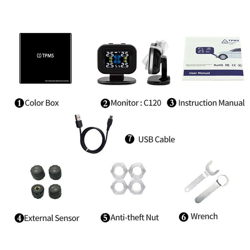 High Quality Car TPMS Tire Safety Monitoring System With USB Port Cigarette LCD Display TPMS External Sensor