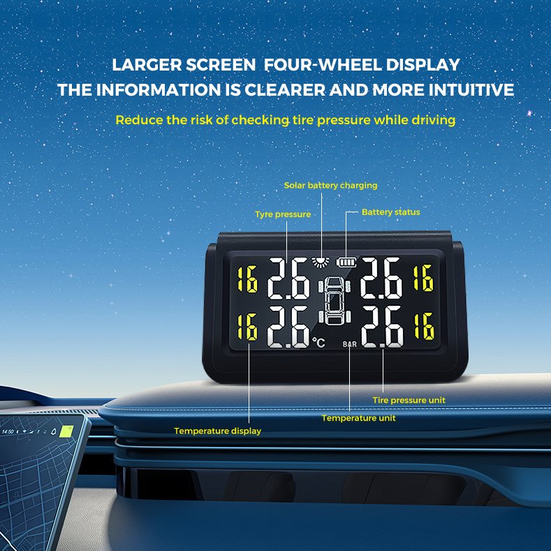 Motorcycle Tpms External Sensor Truck Tire Pressure Monitoring System Solar Charging Large Lcd Display Alarms Car Wireless Tpms