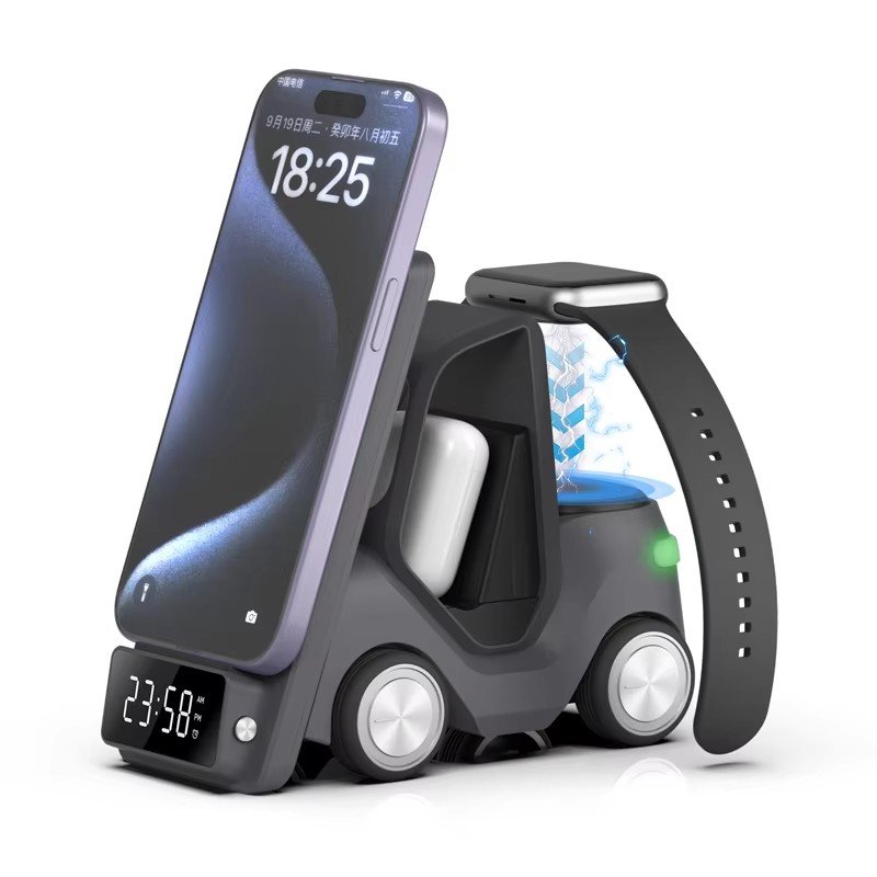 Multifunctional Forklift Clock Charger Suitable for Mobile Phones, Earphones and Watches 3-in-1 Desktop Wireless Fast Charging