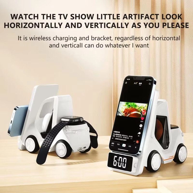Multifunctional Forklift Clock Charger Suitable for Mobile Phones, Earphones and Watches 3-in-1 Desktop Wireless Fast Charging