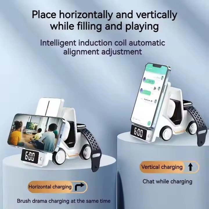 Multifunctional Forklift Clock Charger Suitable for Mobile Phones, Earphones and Watches 3-in-1 Desktop Wireless Fast Charging