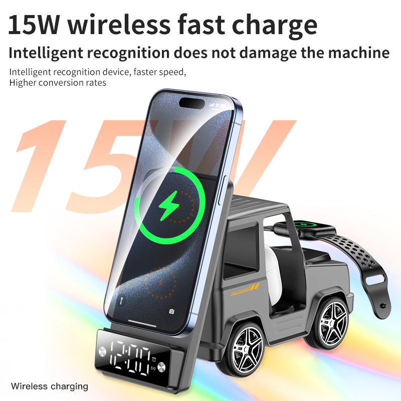 UNIEAN 3-in-1 Car Stand 15W Fast Wireless Charging Time Clock Bluetooth Speaker 9V/2A Input OTP Optimal Phone Charging