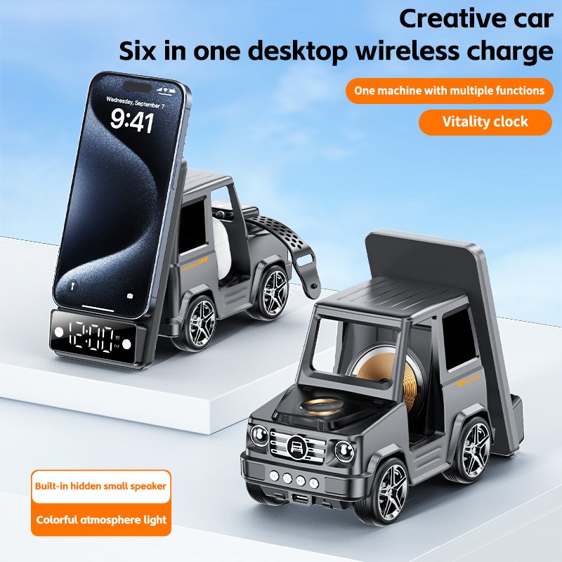 UNIEAN 3-in-1 Car Stand 15W Fast Wireless Charging Time Clock Bluetooth Speaker 9V/2A Input OTP Optimal Phone Charging