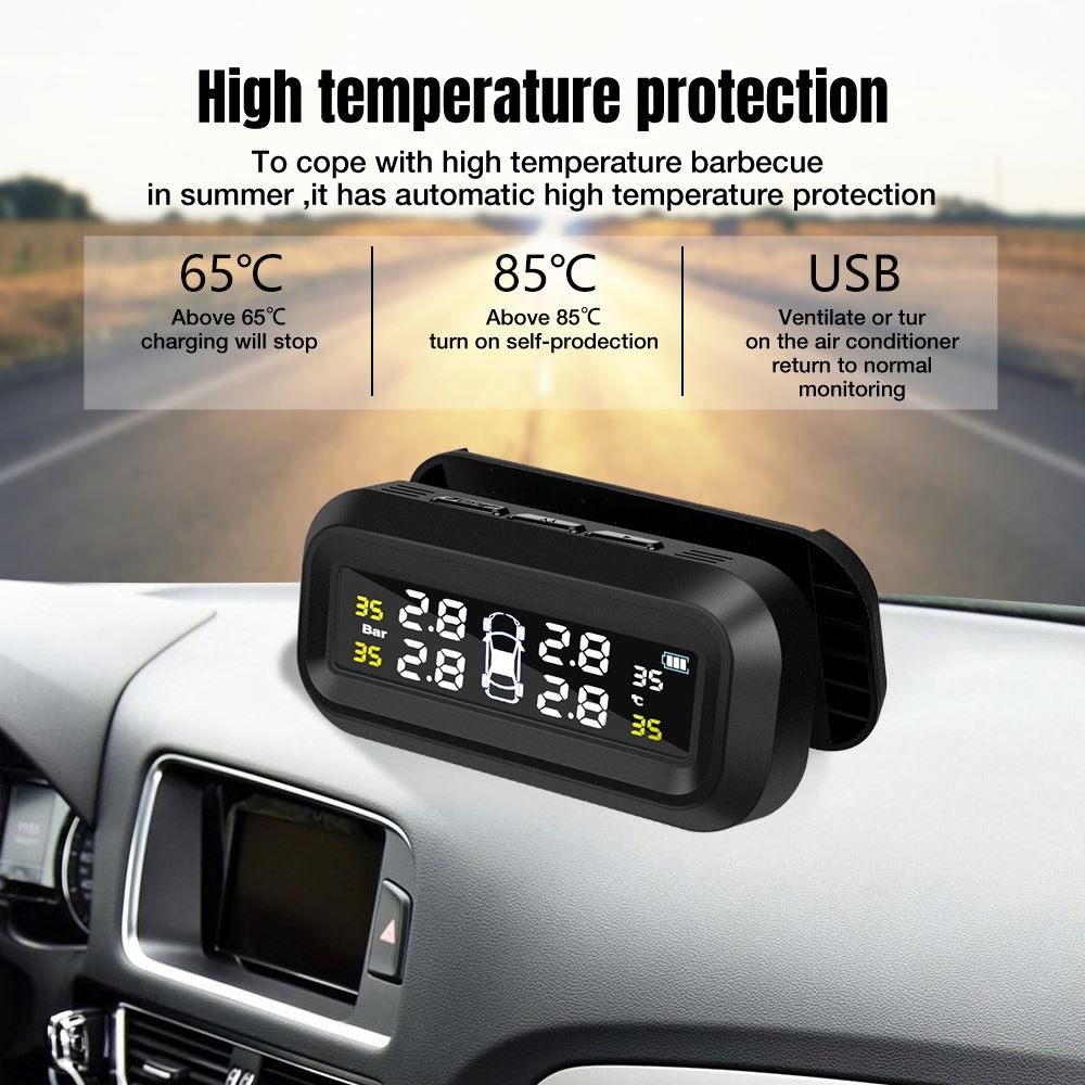 Tire Pressure Monitoring Smart Car Tpms System Solar Power Digital Lcd Display Usb Auto Security Alarm Sensor New