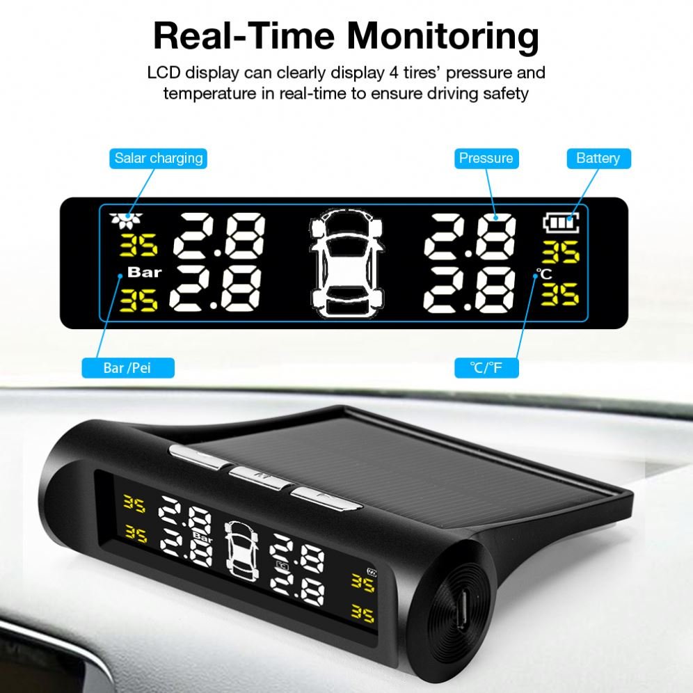 Tire Pressure Monitoring Smart Car Tpms System Solar Power Digital Lcd Display Usb Auto Security Alarm Sensor New