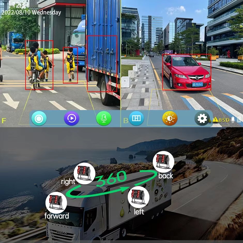 GreenYi Smart Blind Spot Radar Alarm BSD Monitor 7'' AHD 4 Split Screen DVR Recorder Truck Bus Rv Vans SUV Trailer IR Car Camera