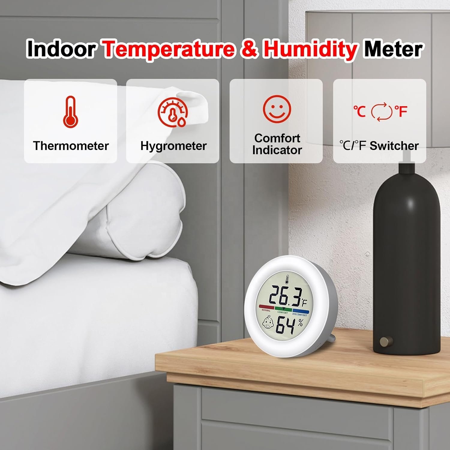 LCD Digital Hygrometer Thermometer Room Temperature Indoor with Humidity Monitor for Bedroom Baby Room Warehouse Cellar Car