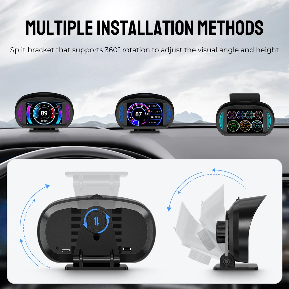 Car OBD2 Head up Display P2 HUD Clock GPS Speedometer Slope Tilt Meter Overspeed Alarm Turbo Brake Test on Board Computer Tester