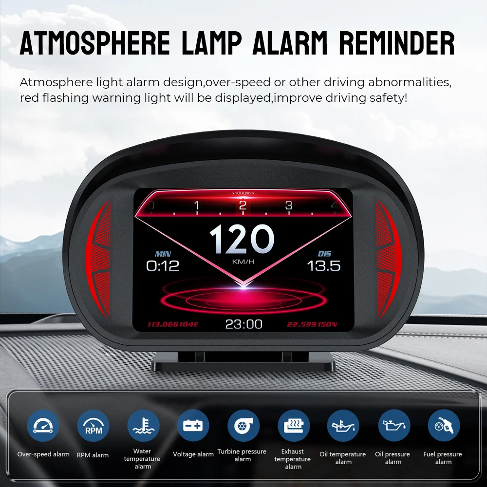 Car OBD2 Head up Display P2 HUD Clock GPS Speedometer Slope Tilt Meter Overspeed Alarm Turbo Brake Test on Board Computer Tester