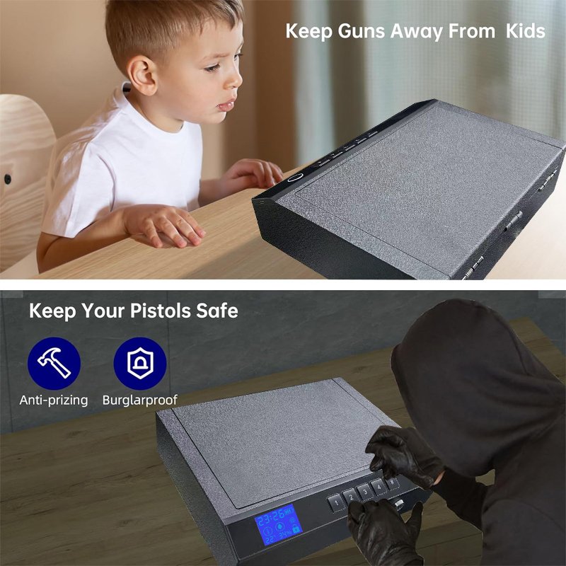 Portable Gun Safe with LCD Display of Temp,Humidity,Handgun Safe with Biometric Fingerprint,Keypad Lock,Key,Biometric Handgun