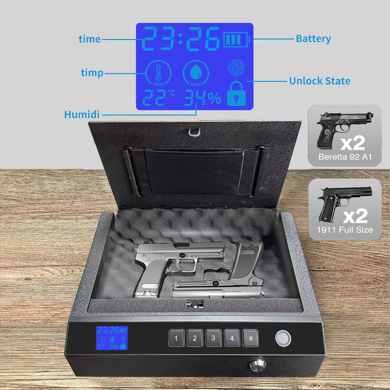 Portable Gun Safe with LCD Display of Temp,Humidity,Handgun Safe with Biometric Fingerprint,Keypad Lock,Key,Biometric Handgun