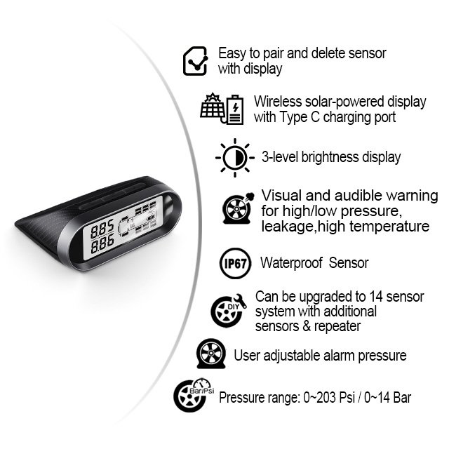 Wireless Solar TPMS Display FreshData Tech, Real-Time Pressure Monitoring, Adjustable Alarm, Upgradable to 14 Sensors