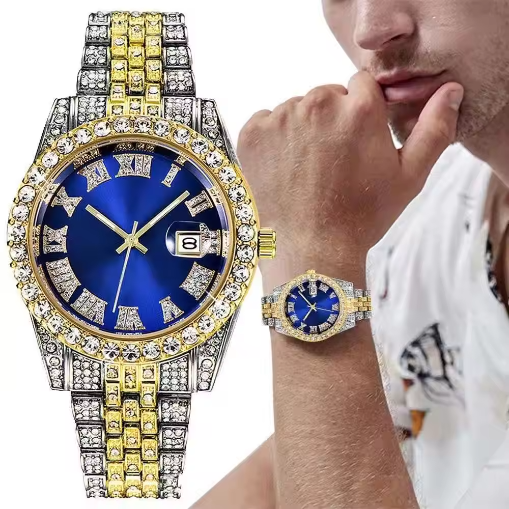 Hot Sale Hip Hop Cuban Men Quartz Watch Hip Hop Full Diamonds Watch Gold Plated Stainless Steel for Men Glass Silver Coin