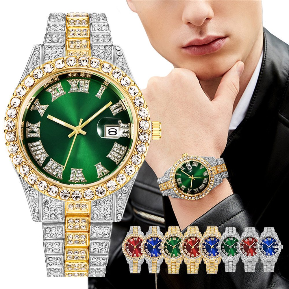 Hot Sale Hip Hop Cuban Men Quartz Watch Hip Hop Full Diamonds Watch Gold Plated Stainless Steel for Men Glass Silver Coin