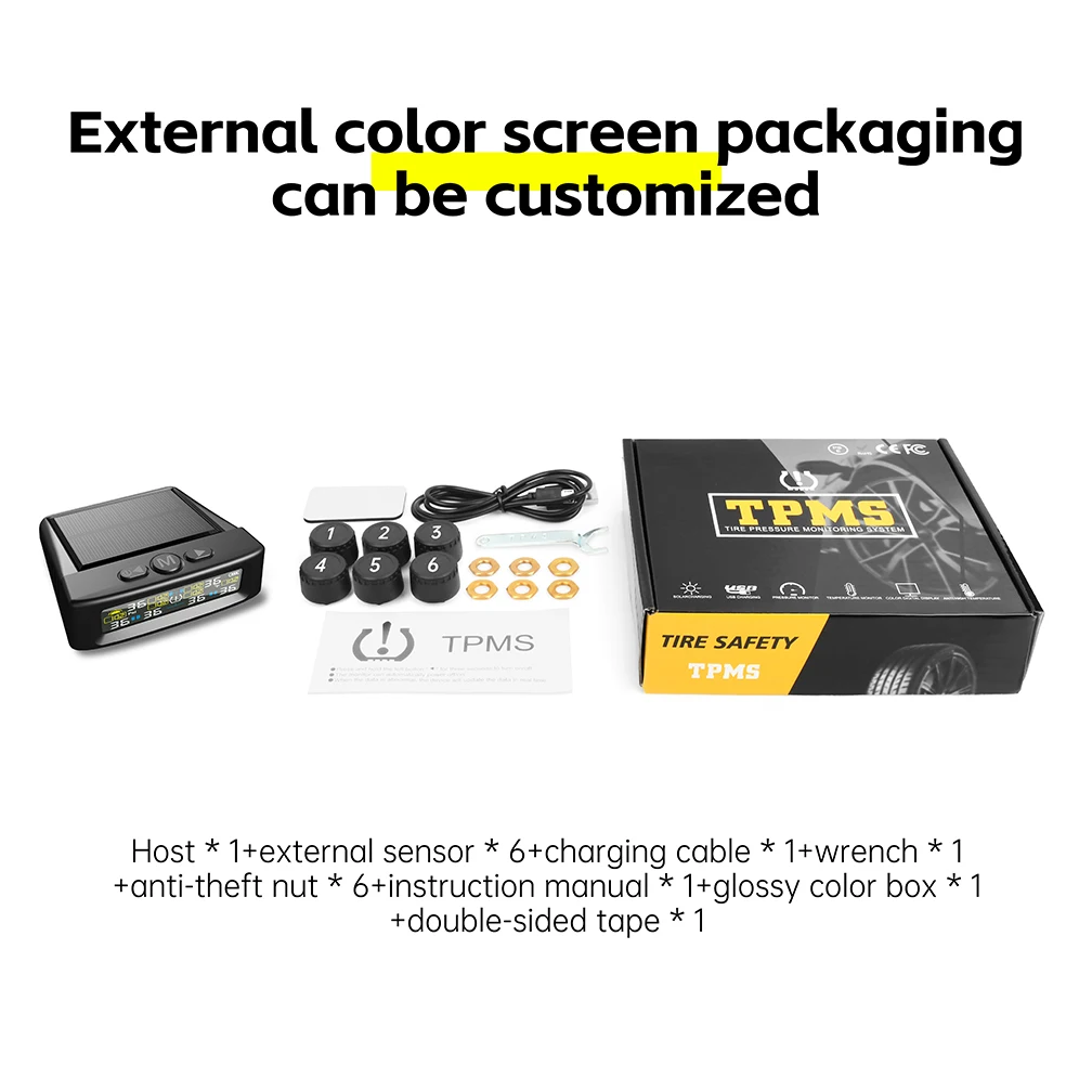Solar TPMS Car Tire Pressure Alarm Digital Colorful Display 6 External Sensors Waterproof Tire Pressure Temperature Warning