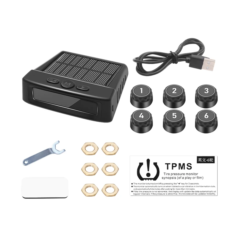 Solar TPMS Car Tire Pressure Alarm Digital Colorful Display 6 External Sensors Waterproof Tire Pressure Temperature Warning