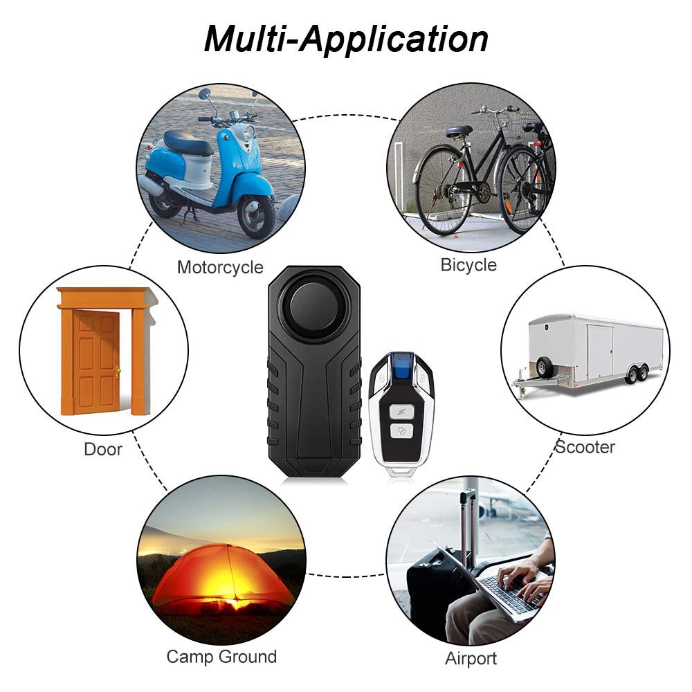 Security Anti-Theft IP55 Waterproof 113 DB Super Loud Black Wireless Motorcycle Bicycle Alarm with Remote Control