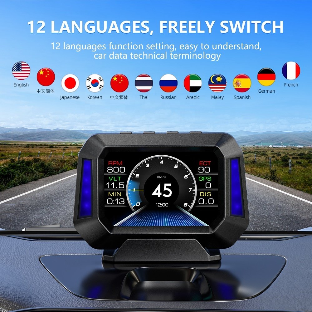 2025 Updated Version OBD2+GPS Car HUD Head Display Speed Function Slope Meter Turbo Boost 12 Languages Smart Gauge LCD OBD