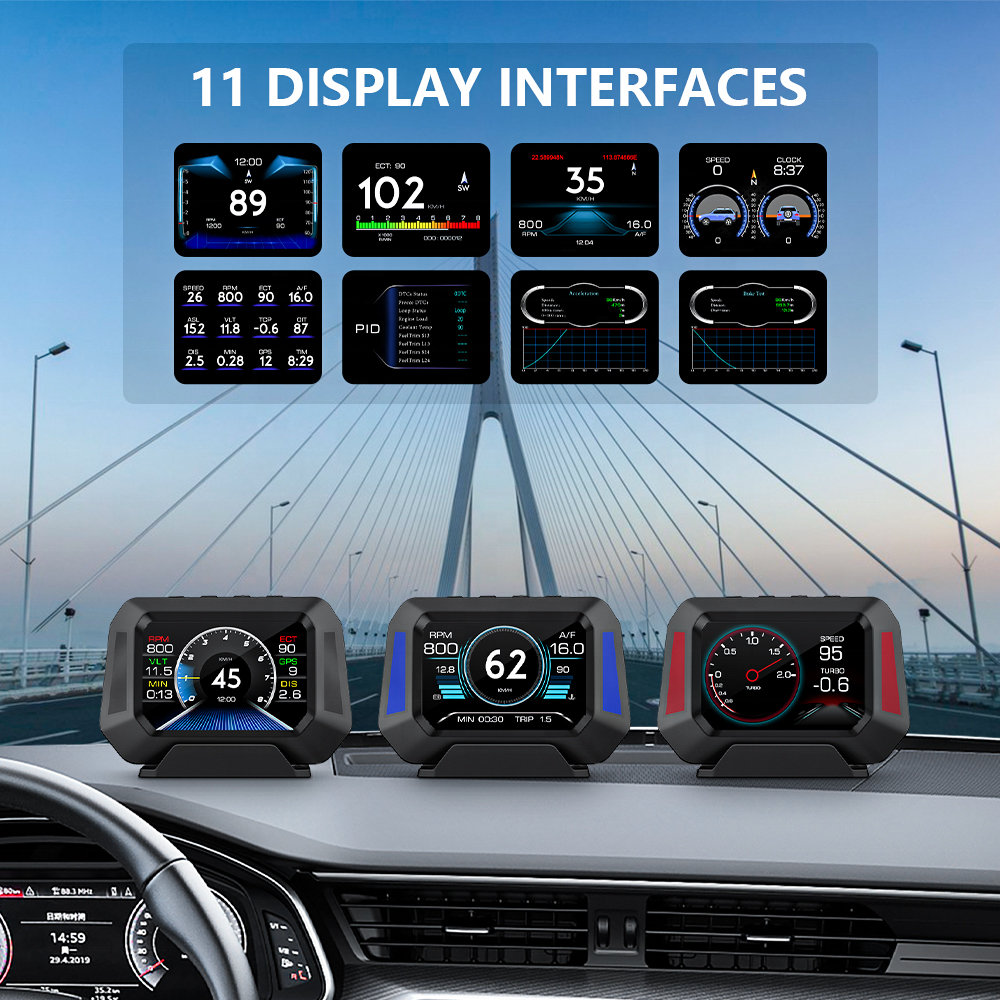 2025 Updated Version OBD2+GPS Car HUD Head Display Speed Function Slope Meter Turbo Boost 12 Languages Smart Gauge LCD OBD
