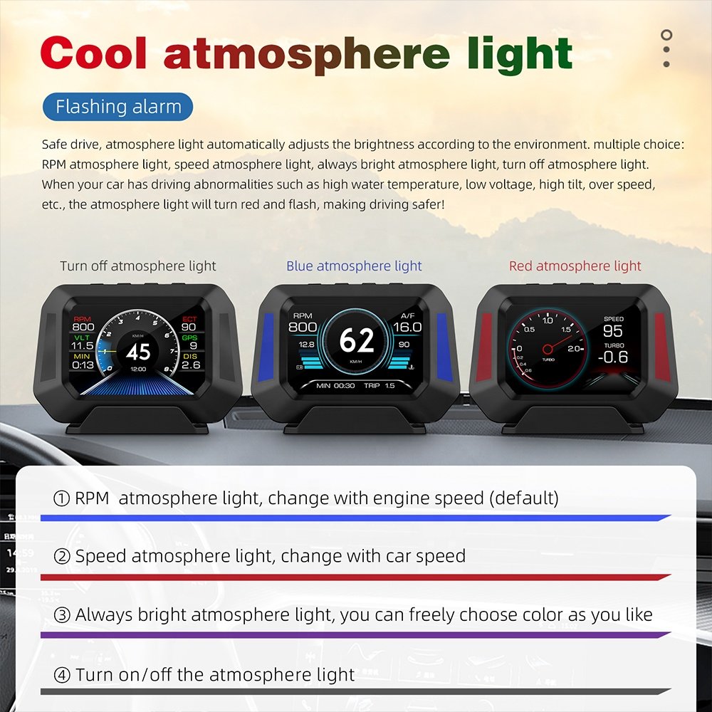 2025 Updated Version OBD2+GPS Car HUD Head Display Speed Function Slope Meter Turbo Boost 12 Languages Smart Gauge LCD OBD