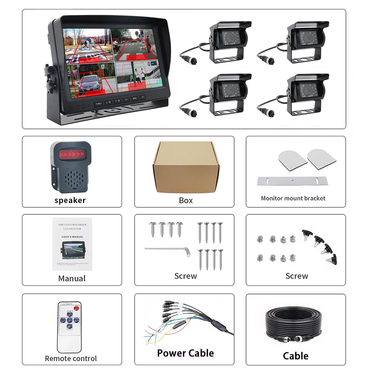 Truck Bus Forklift AI System Alarm Monitor Camera Reverse Flash Light Voice Alarm 7 Inch Monitor Security BSD Forklift AI Camera
