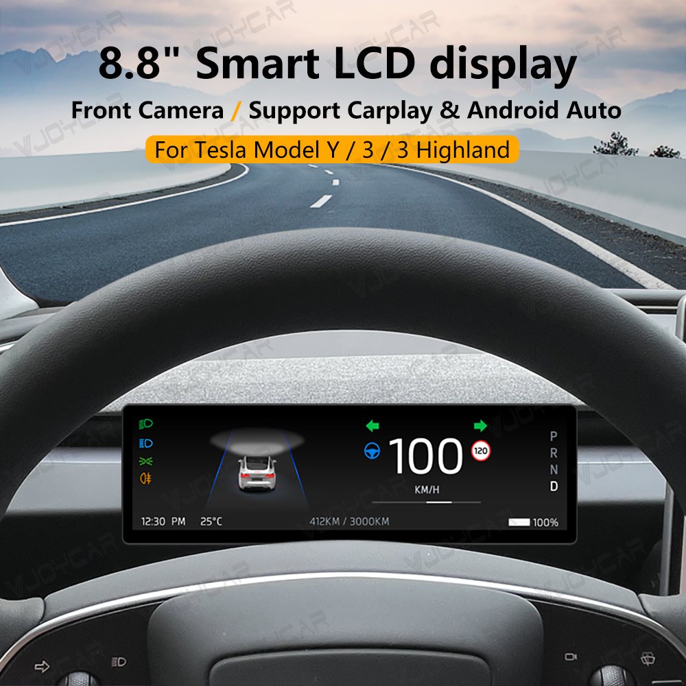 8.8 Inches New Dashboard Screen for Tesla Model 3 Y Support Wireless Carplay & Android Auto Blind Spot Monitor Optional Camera