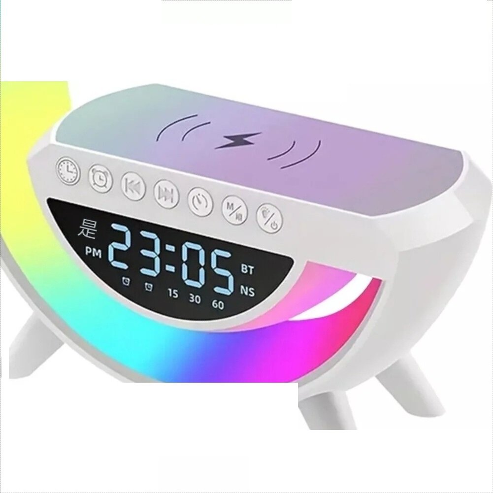 Wireless Charger with Alarm Clock Colorful RGB LED Flashing Light Desk Lamp Speaker for Mobile Phone Living Room Bedside Table