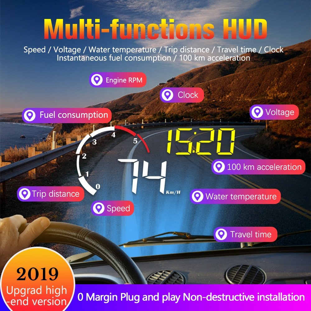M10 HUD Head up Display Multi Functional Projection on Car Windshield Speed Voltage Temperature OBD2 Car Display