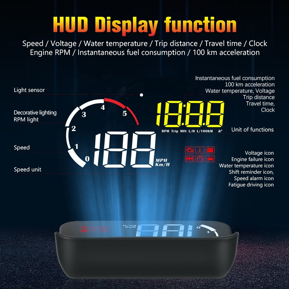 M10 HUD Head up Display Multi Functional Projection on Car Windshield Speed Voltage Temperature OBD2 Car Display