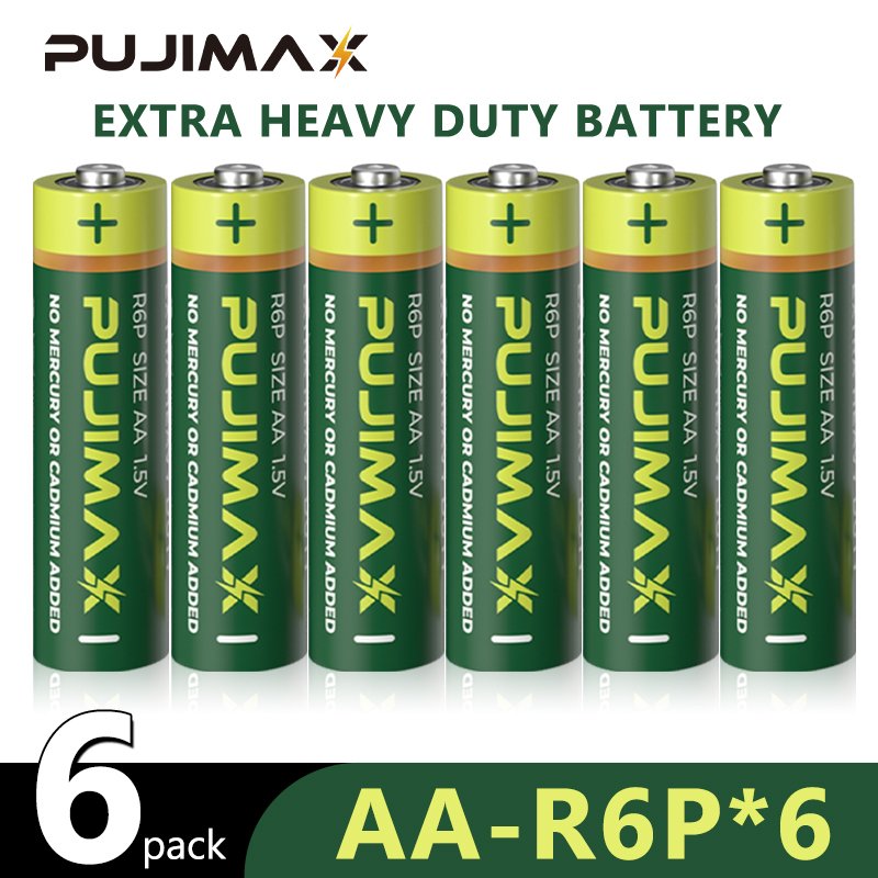 PUJIMAX 6Pcs AA Carbon Battery R6P 1.5V Dry Extra Heavy Duty Batteries Pack for Mouse Keyboard Remote Control Alarm Clock